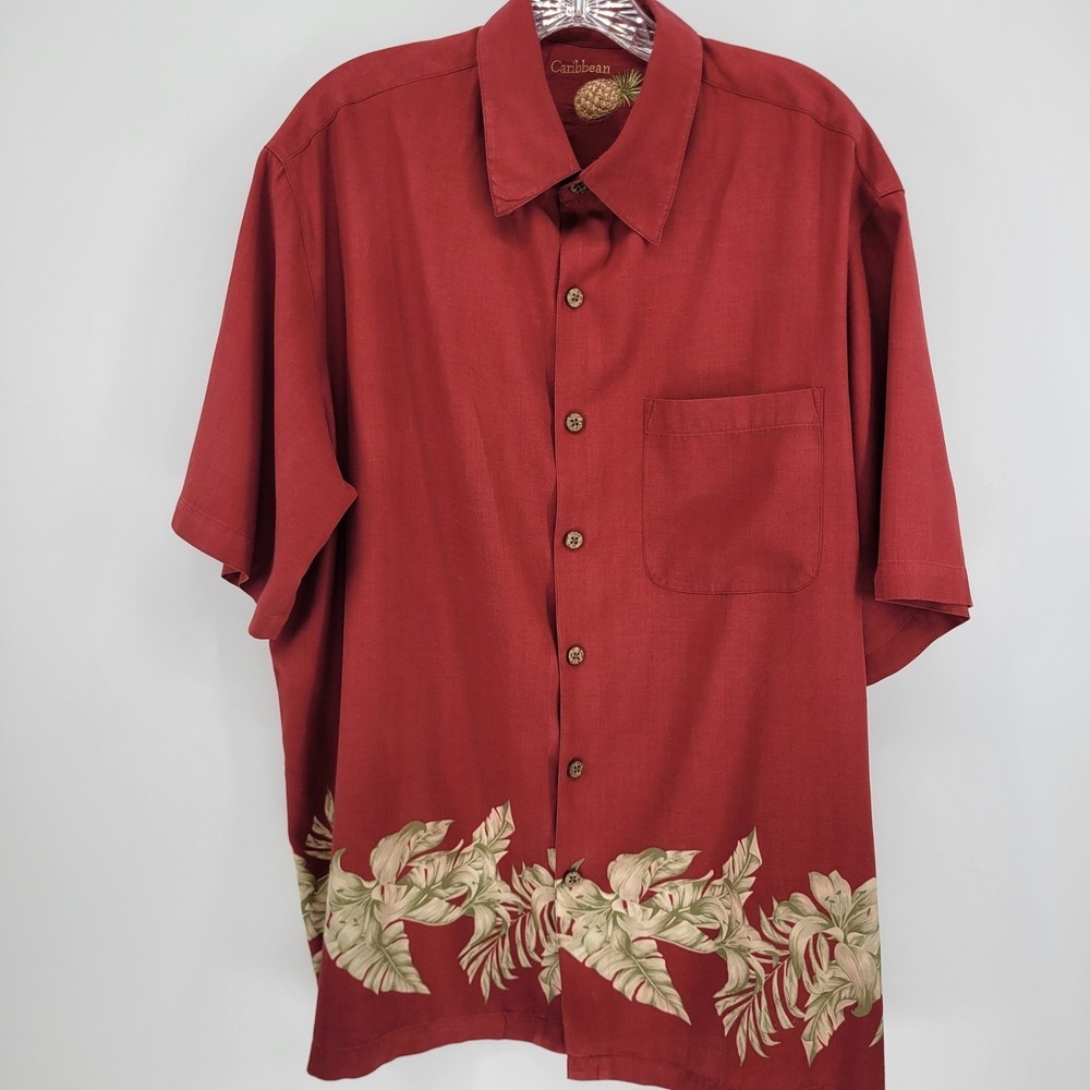 Caribbean Mens Silk Cotton Blend Floral Border Camp Shirt Red Large Short Sleeve